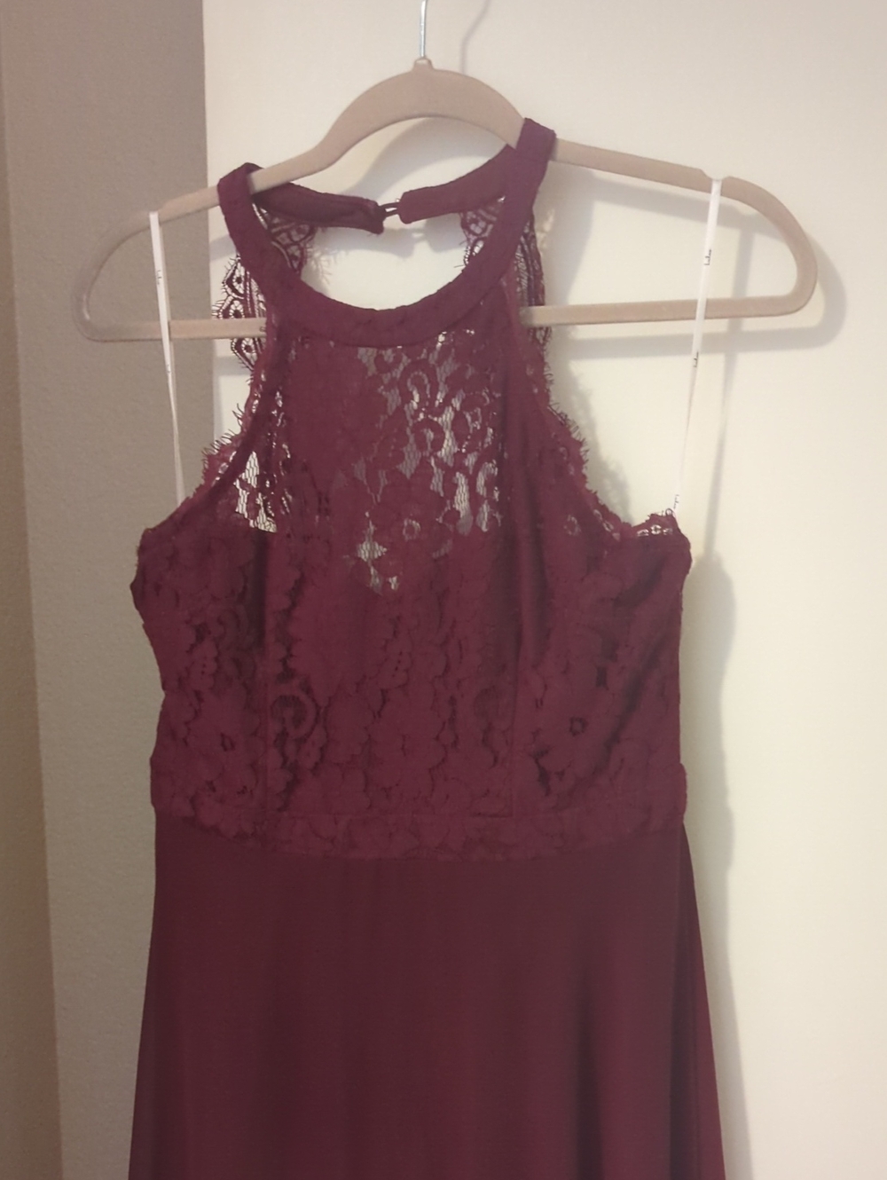 Lulu's Burgundy Lace Halter Prom Dress